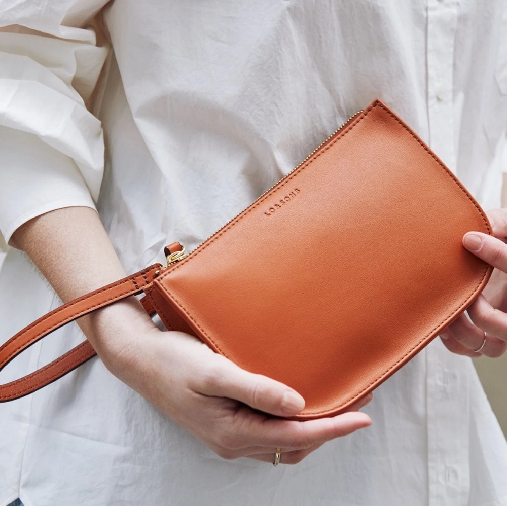 Lo & Sons Leather Wristlet Clutch in Cognac Orange